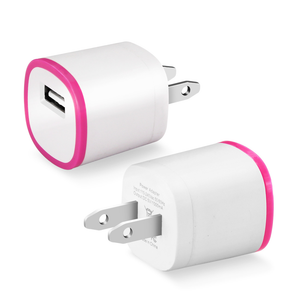 REIKO 1 AMP DUAL COLOR PORTABLE USB TRAVEL ADAPTER CHARGER IN HOT PINK WHITE