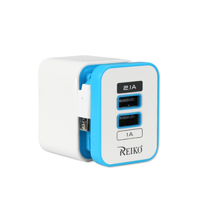REIKO 2 AMP DUAL PORT PORTABLE TRAVEL ADAPTER CHARGER IN BLUE